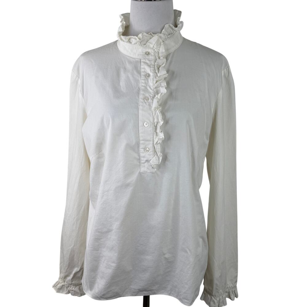 Tory Burch Women's White Ruffle Neck Long Sleeve Blouse Shirt Size 10